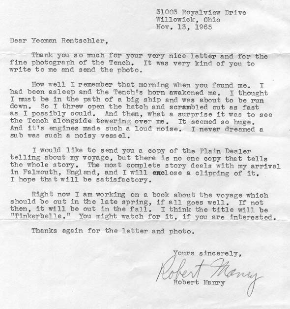 Thank you letter from Robert Manry to Robert Rentschler
